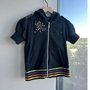 ROCAWEAR Girls size L Black Hooded Zip Fleece Jacket Short Sleeve Embroidered